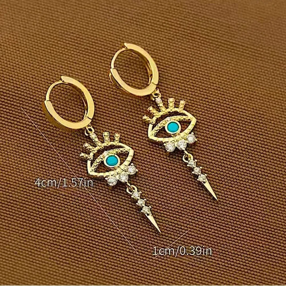 Gold 14K Evil Eye Hoop Zircon Drop Dangling Minimalist Earrings - Picture 7 of 8